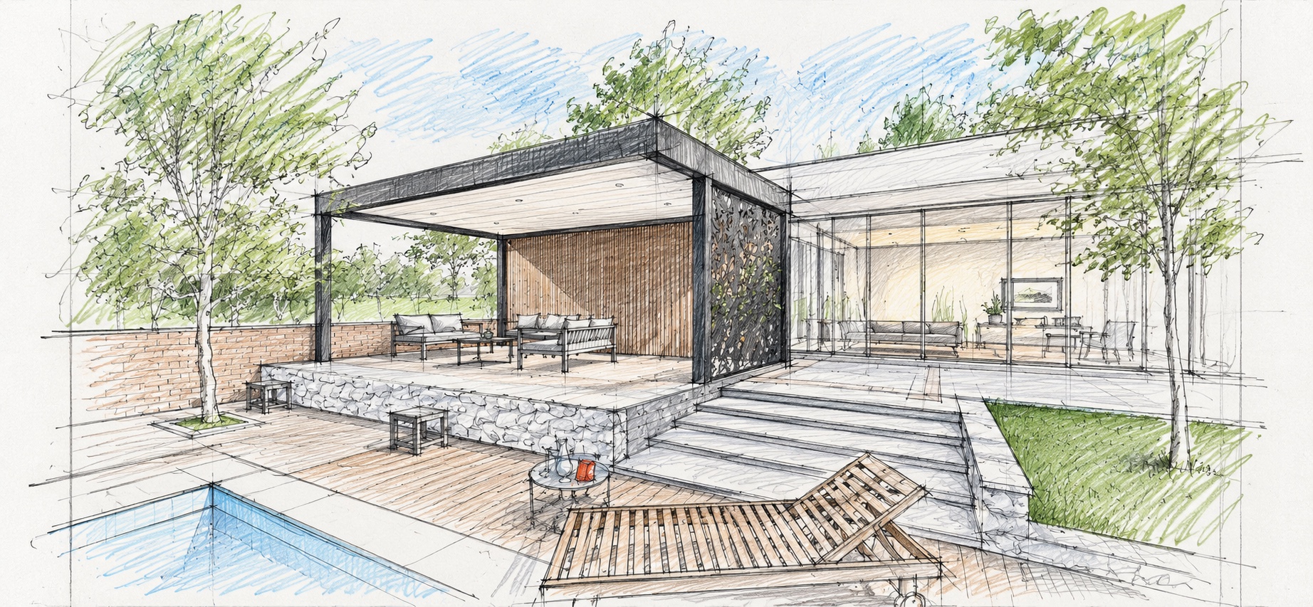 Croquis architectural d’une terrasse avec pergola et piscine