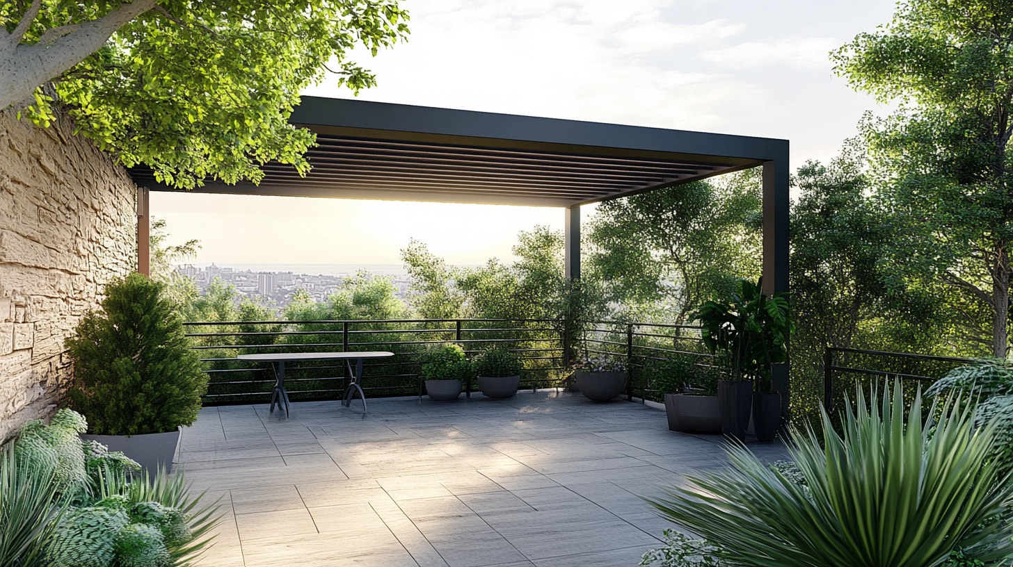 Visualisation 3D d’une pergola bioclimatique sur une terrasse arborée