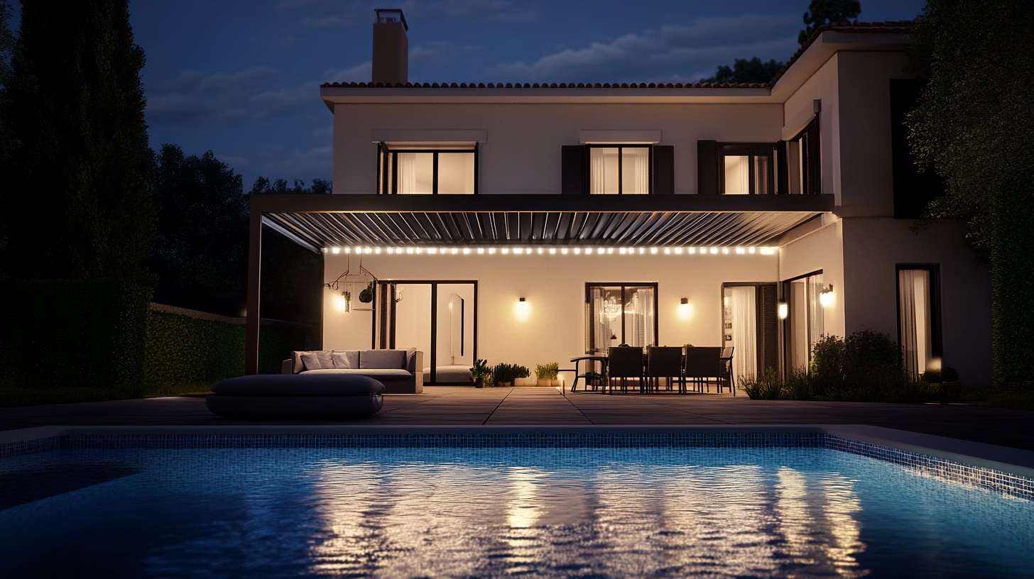 Visualisation 3D nocturne d’une pergola au bord d’une piscine
